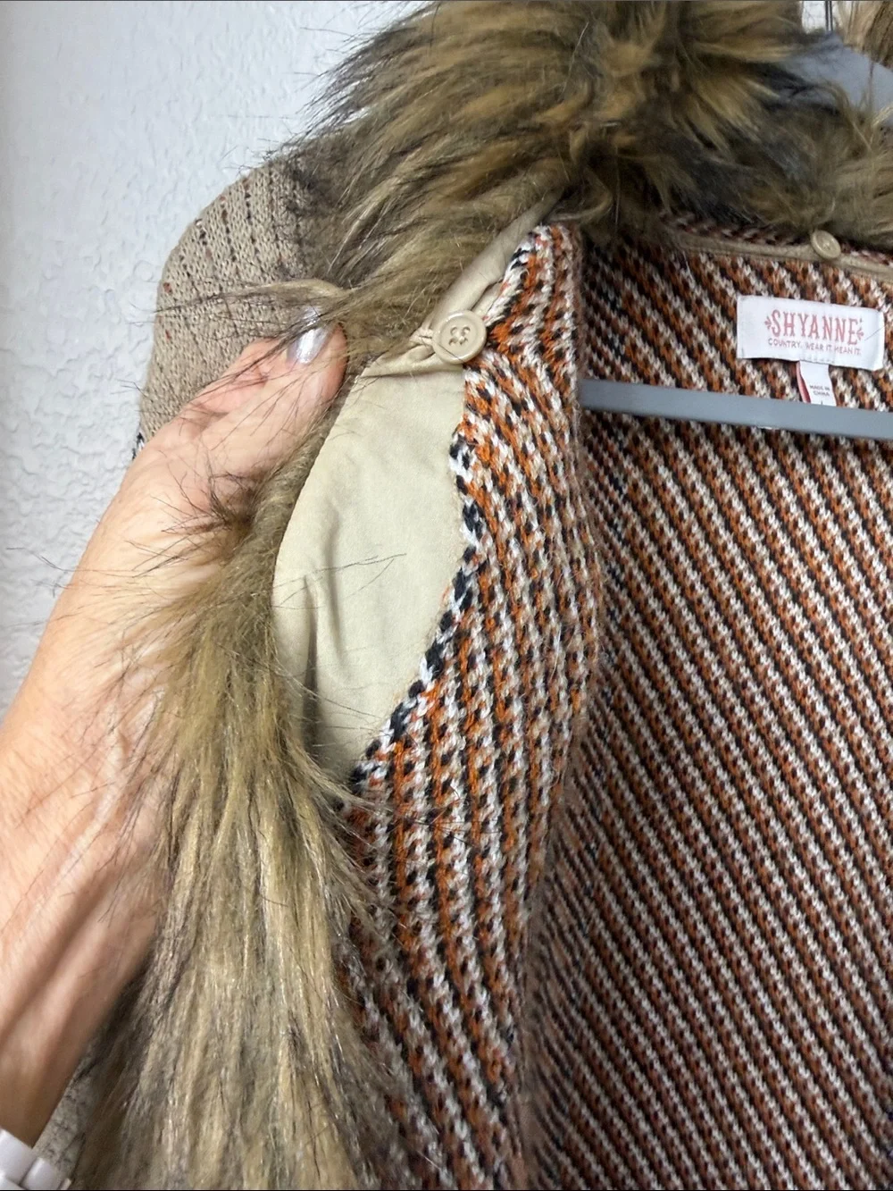 Shyanne Tan Beige Knit Western Cardigan Sweater Removable Fur Collar Large